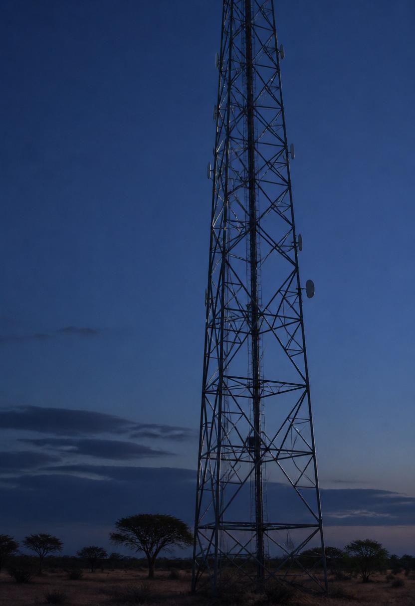 Torre de telecomunicações em paisagem Moçambicana ao anoitecer